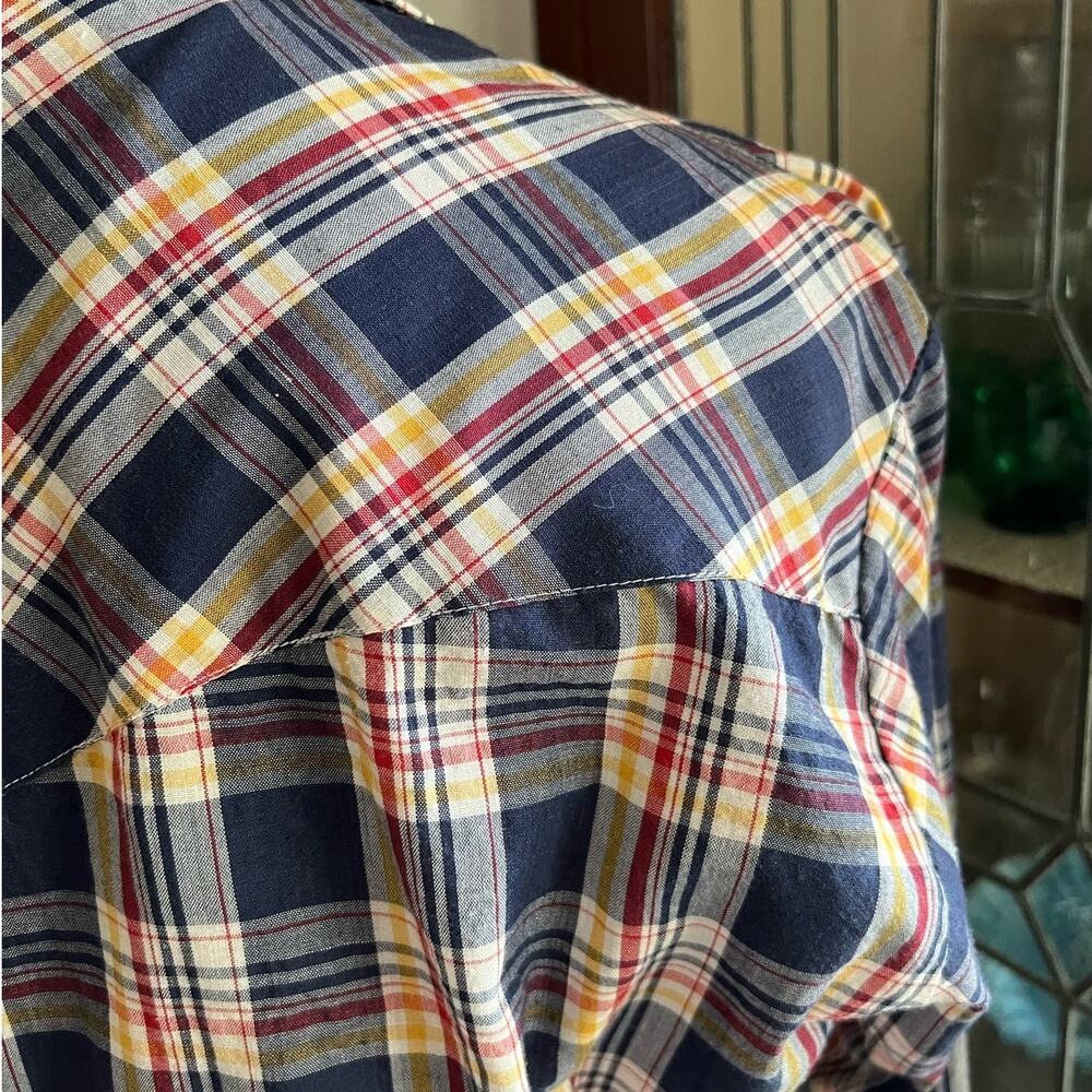Vintage 70s Men's Plaid Pearl Snap Shirt Size 38 Blue Yellow Americana 38 Unisex - Picture 8 of 17